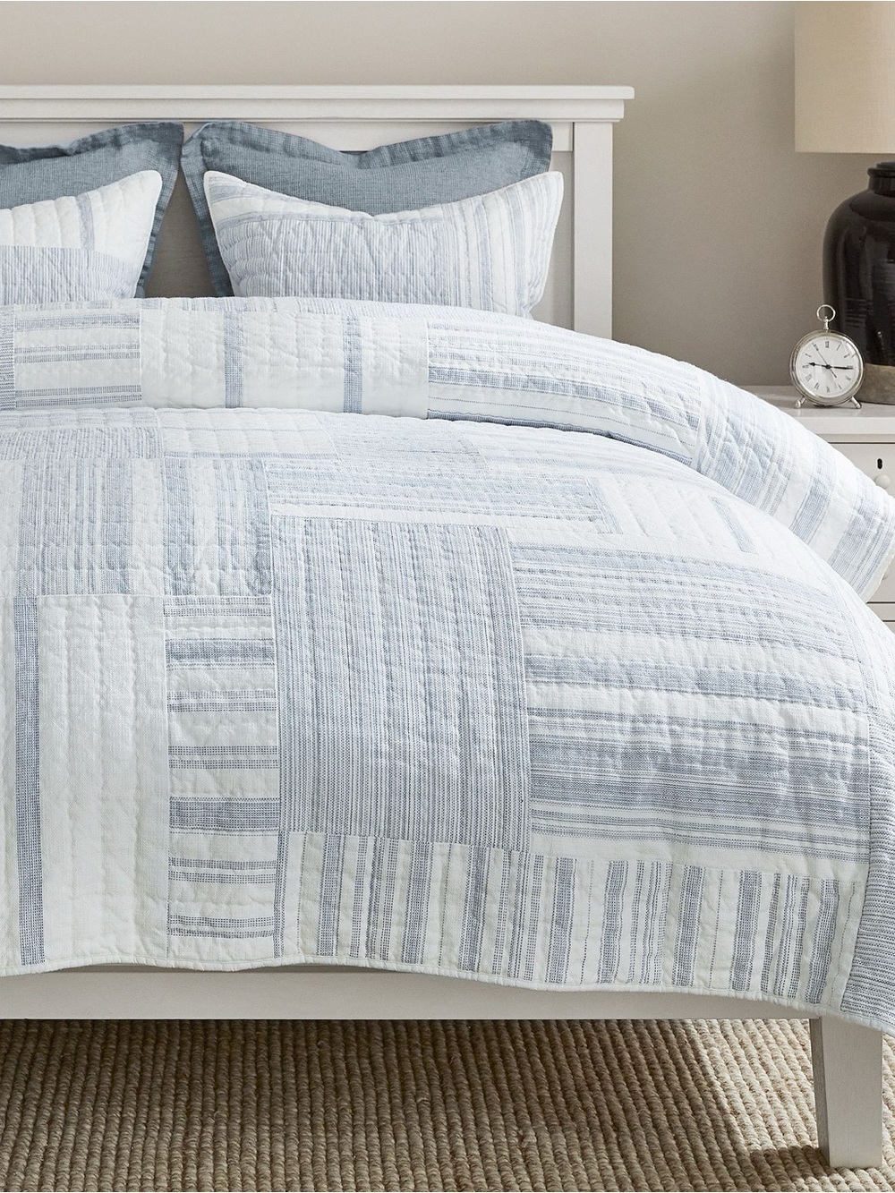 Pottery Barn Hawthorne Queen Quilt 3 Piece Set Coastal Blue & White